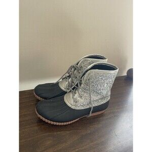 Simply Southern Women Size 8 Silver Glitter Lace Up Rain Snow Duck Boots